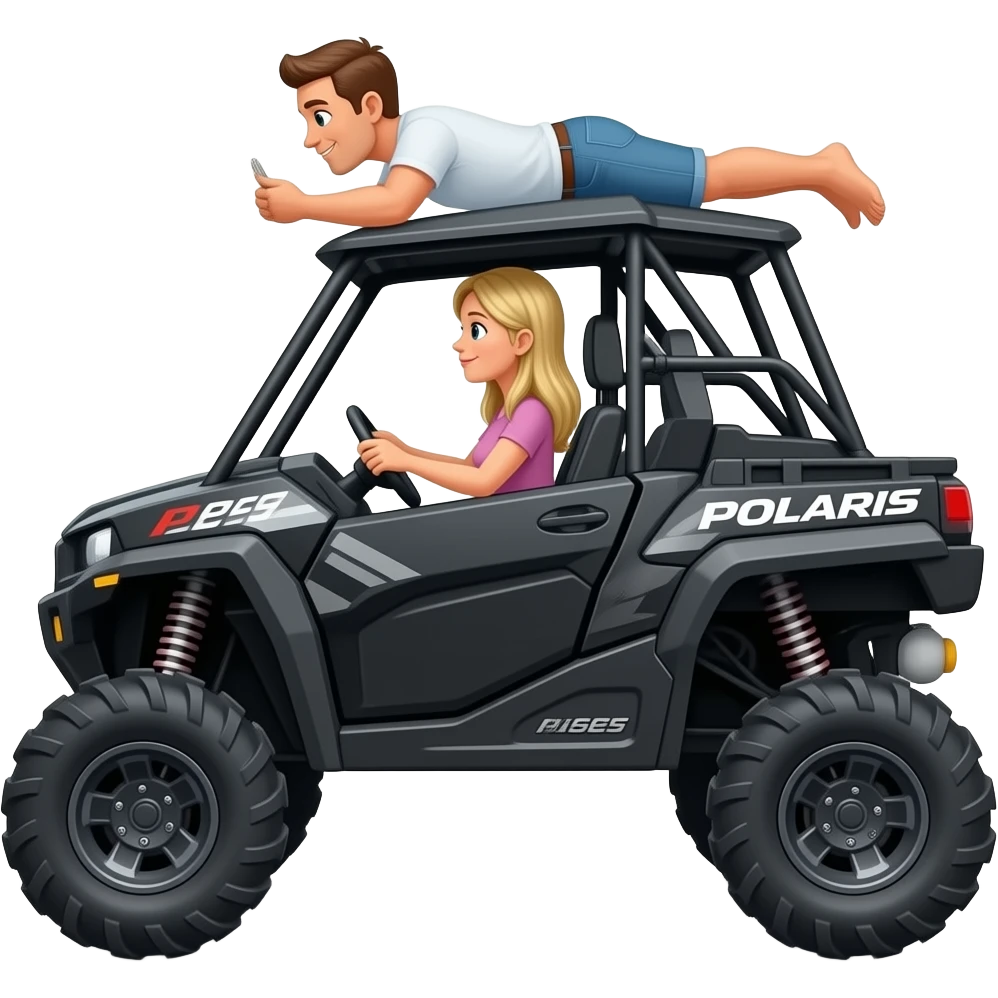 Black side view Polaris ranger sxs  lifted super high with mom (blonde) and driving  and dad laying on top of roof  on his belly playing emoji