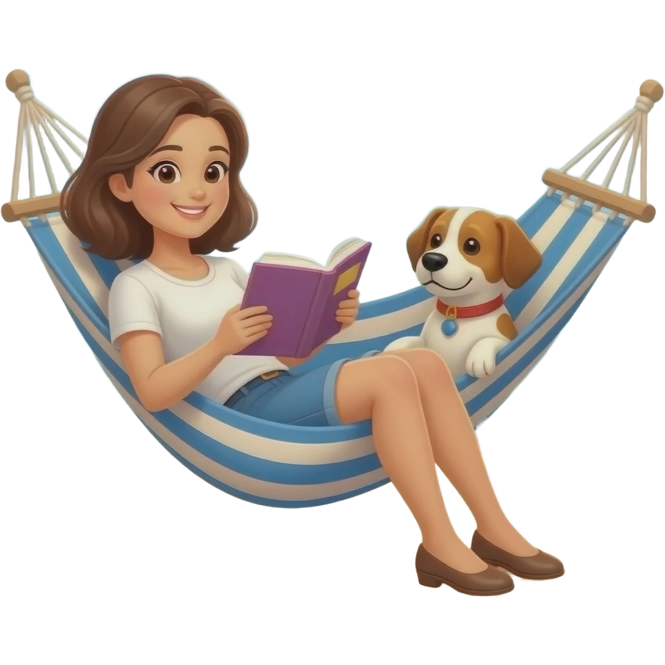 adult female with brown hair in hammock reading a book by a beach with a dog in the hammock emoji