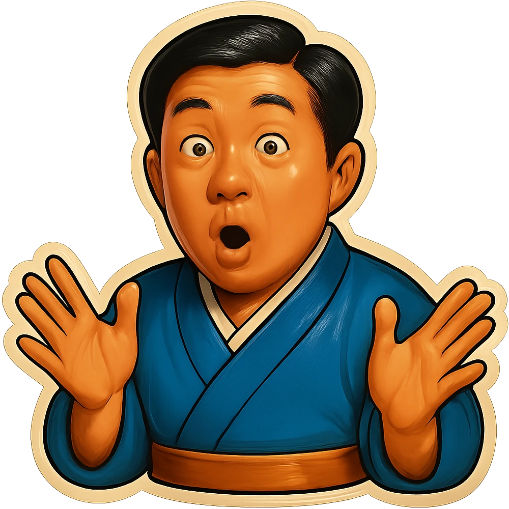 The same Japanese man in traditional kimono looks at the viewer with a surprised look, and his hands are empty emoji