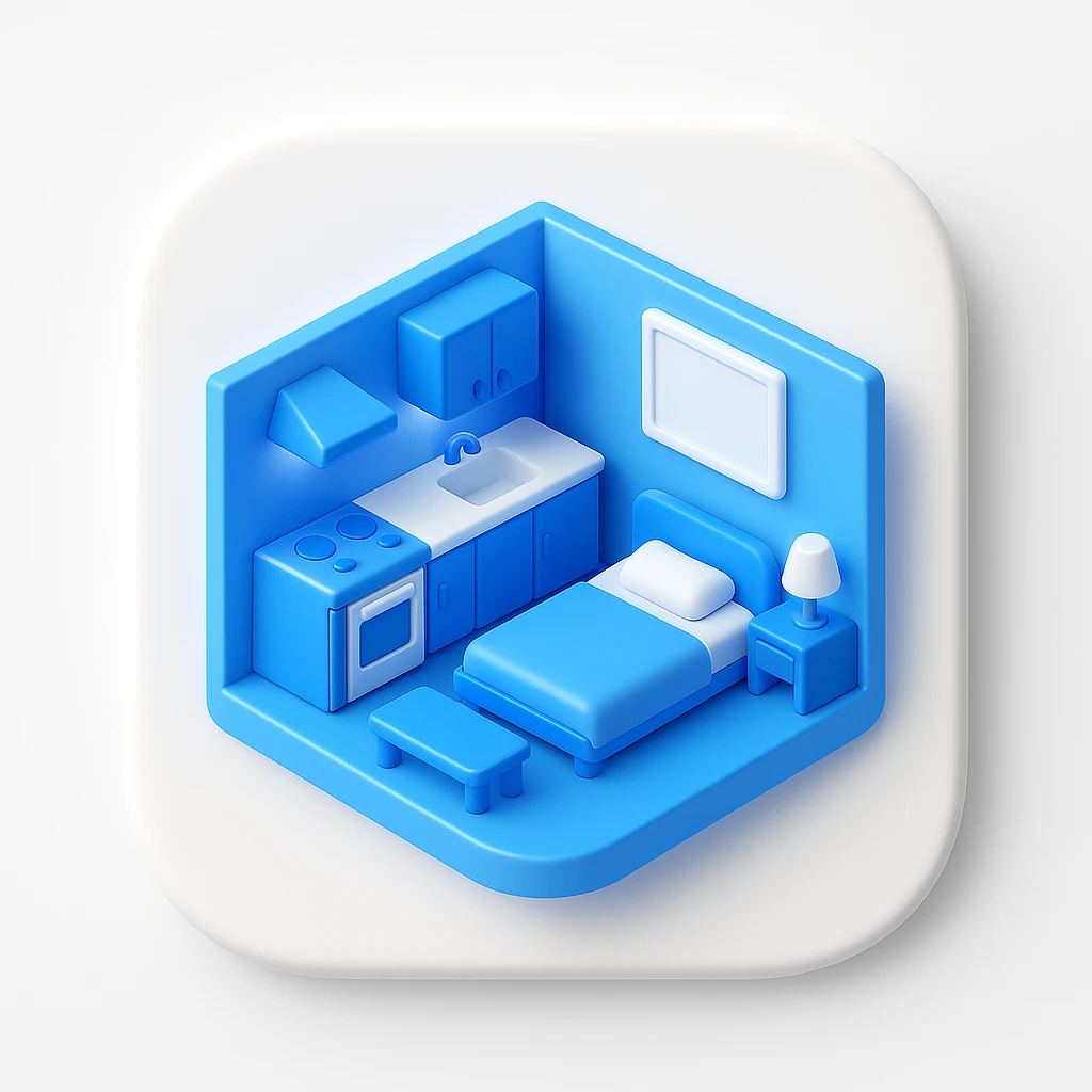 studio apartment icon, minimalist, modern, clean look, glossy 3D blue style, rounded square background, suitable for UI icon emoji
