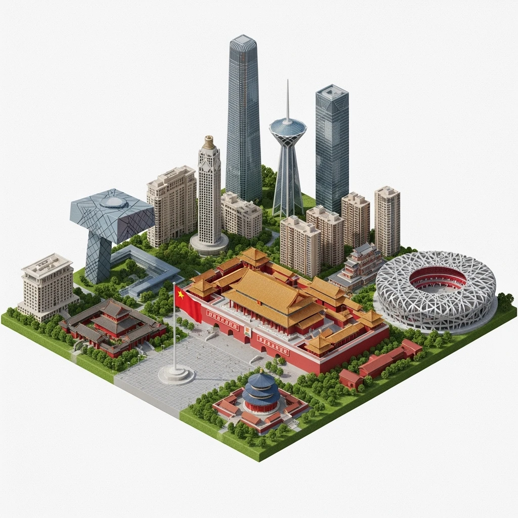 Isometric miniature of Beijing Forbidden City, Tiananmen Square, CCTV Headquarters, Temple of Heaven, China Zun tower, Bird’s Nest Stadium, Beijing apartment blocks, 3D miniature effect and Tilt Shift effect, no cartoonish look, transparent background, don't cut angles emoji