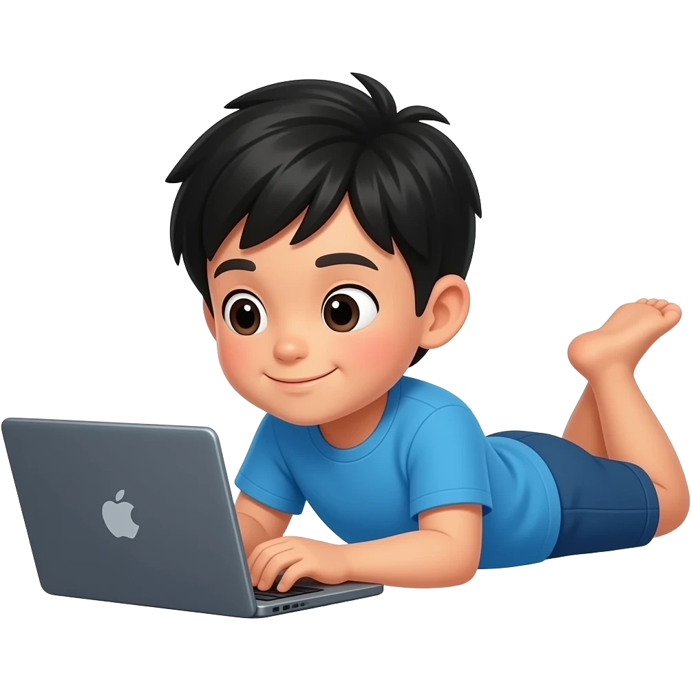fair skinned asian boy with blue shirt and black hair, is using laptop while laying down emoji