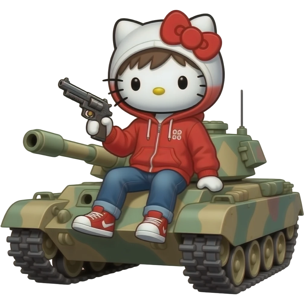 hello kitty male version with red hoodie and the hood white. holding a gun, full body. and he sits in a war tank with the hood on his head emoji