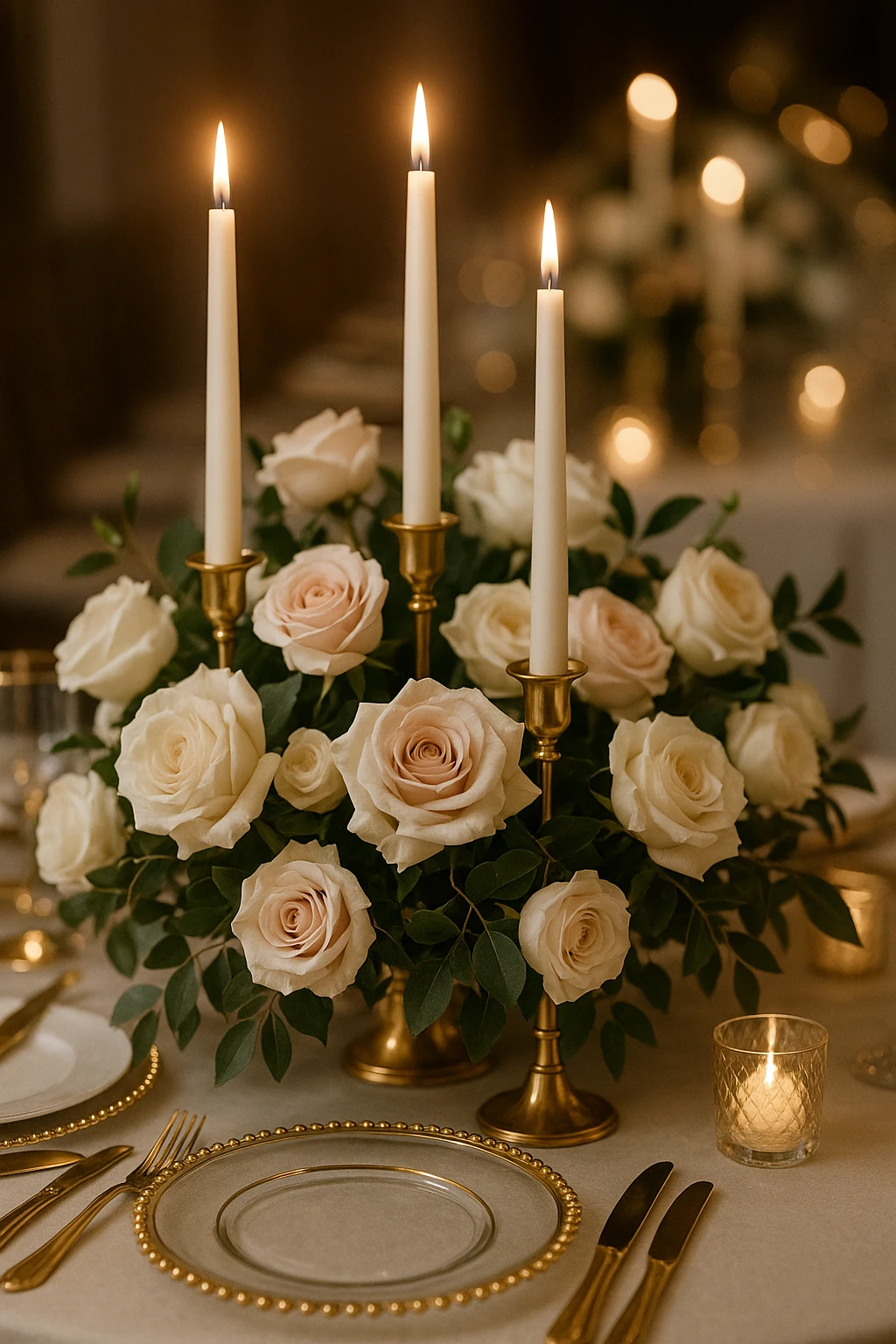 table centerpiece with candles and roses, gold accents, wedding decor emoji