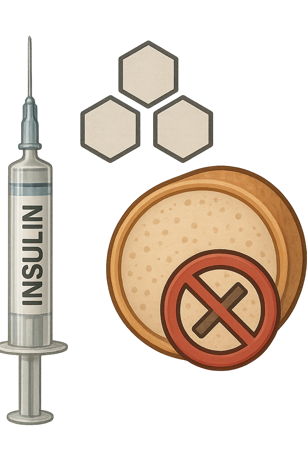 realistic and clear icon of insulin resistance, no background, 2:3 aspect ratio, symbol with insulin, glucose, and a cell with a block or resistance sign emoji