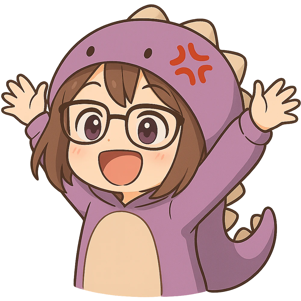Edit the image of a chibi anime style gamer girl with glasses, brown hair, dark purple eyes, wearing a purple dinosaur costume. Change to a new pose with arms up in excitement. Remove the controller. Keep the same chibi stickers style as the reference. Remove the background (make it transparent). emoji