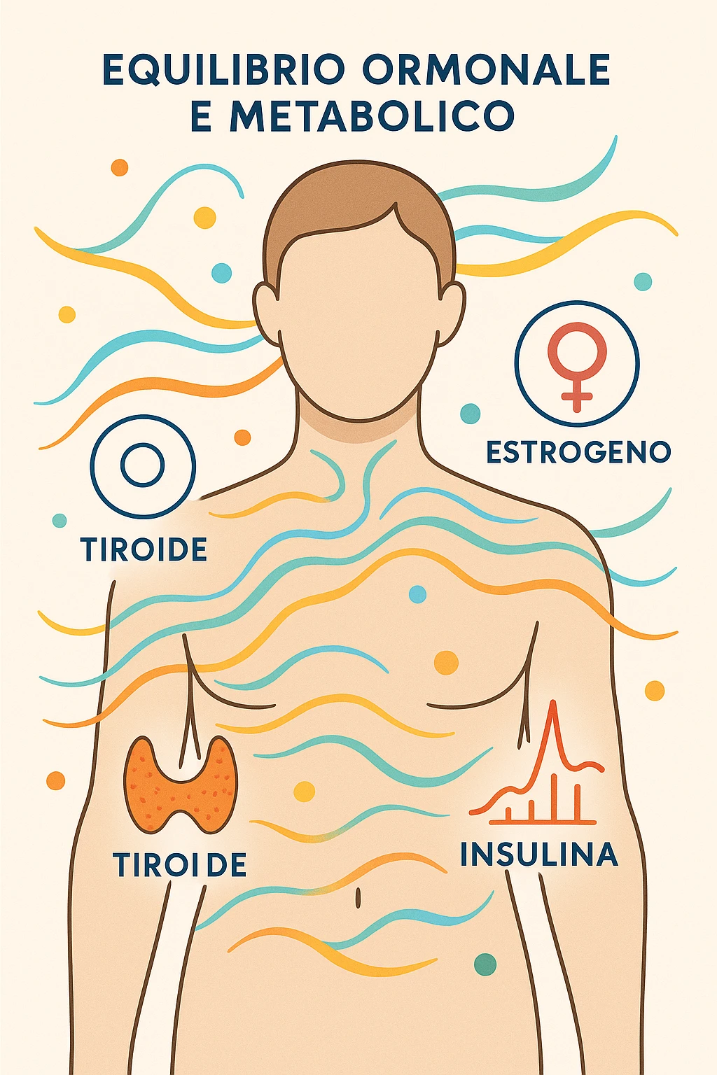 Il corpo è circondato da simboli delicati e bilanciati che rappresentano equilibrio ormonale e metabolico: piccoli cerchi, flussi energetici colorati, simboli stilizzati di tiroide, picco insulina, estrogeni. 4k immagine in italiano emoji