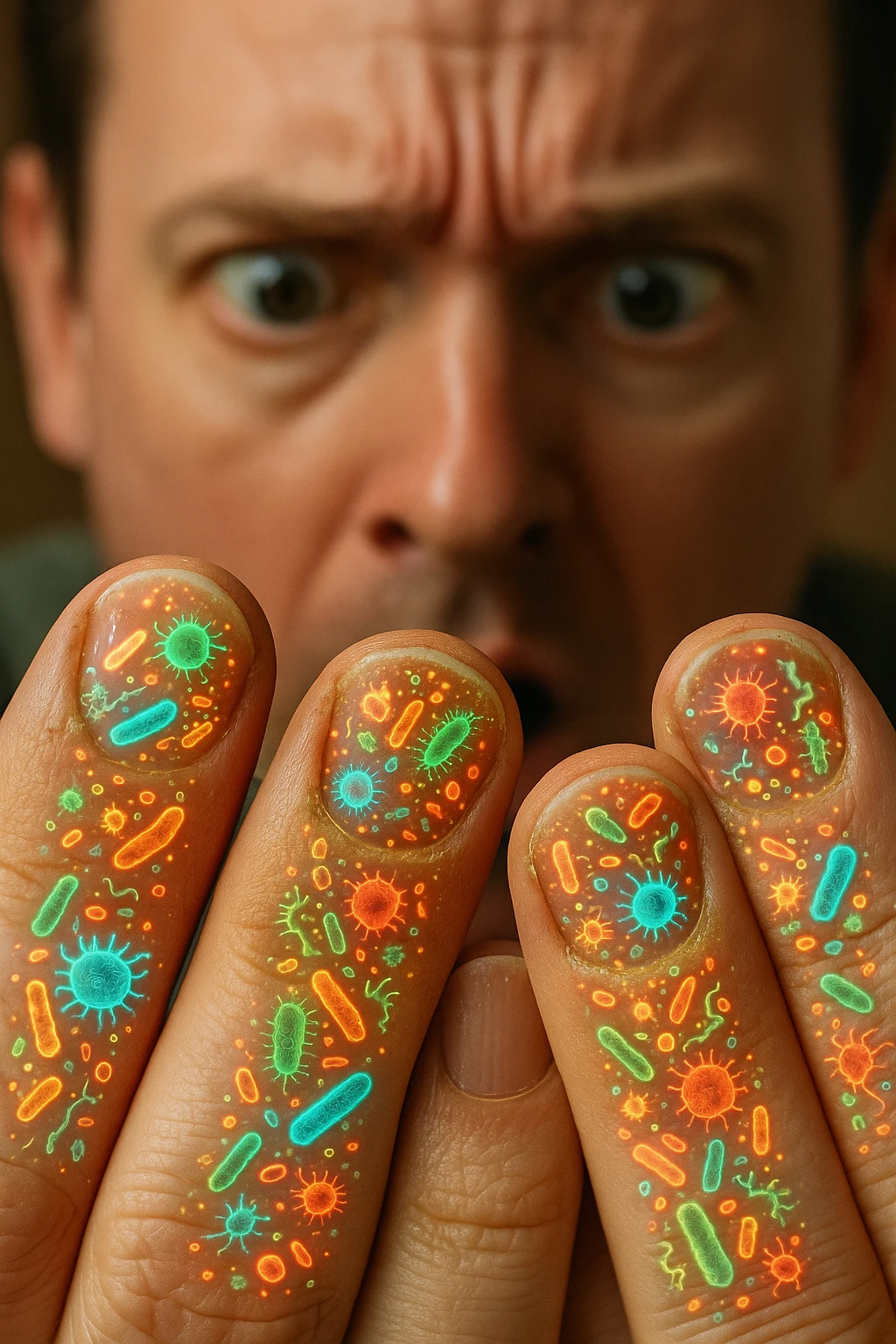 "Close-up macro shot of man's fingernails with transparent overlay showing dense colonies of bacteria, viruses, and parasites thriving in nail beds, millions of pathogens visible as glowing microscopic organisms, expression of shock as he examines his hands under magnification, nail debris containing more germs than toilet water, fingertips becoming mobile germ factories" emoji