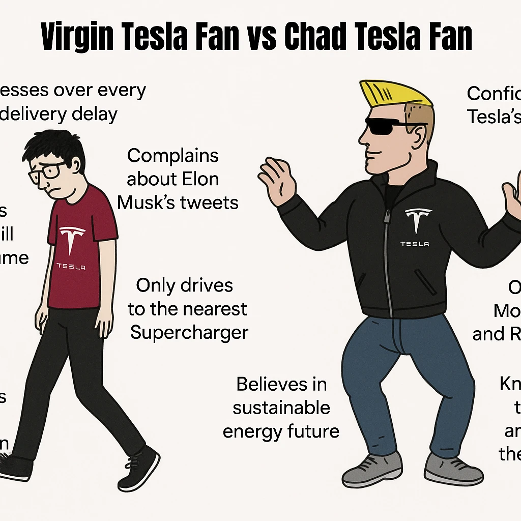 make virgin vs chad meme on tesla fan in above style  emoji