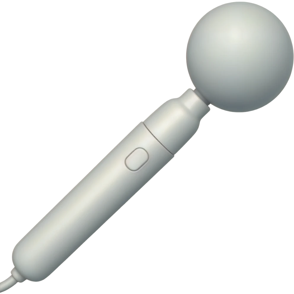 body massager in the form of a stick with a round, slightly elongated attachment on the wire, vibrating body massager, white, with an on/off button emoji