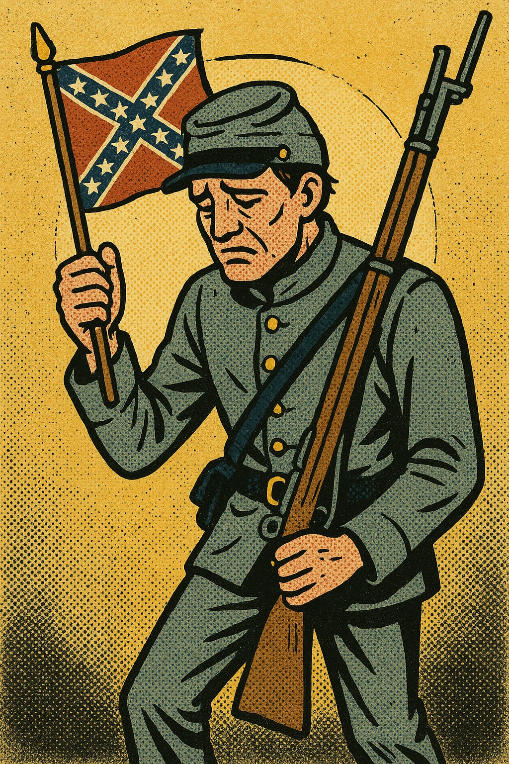 The full body of a Confederate soldier from the American Civil War holding a small confederate flag and his rifle. He is looking defeated. emoji