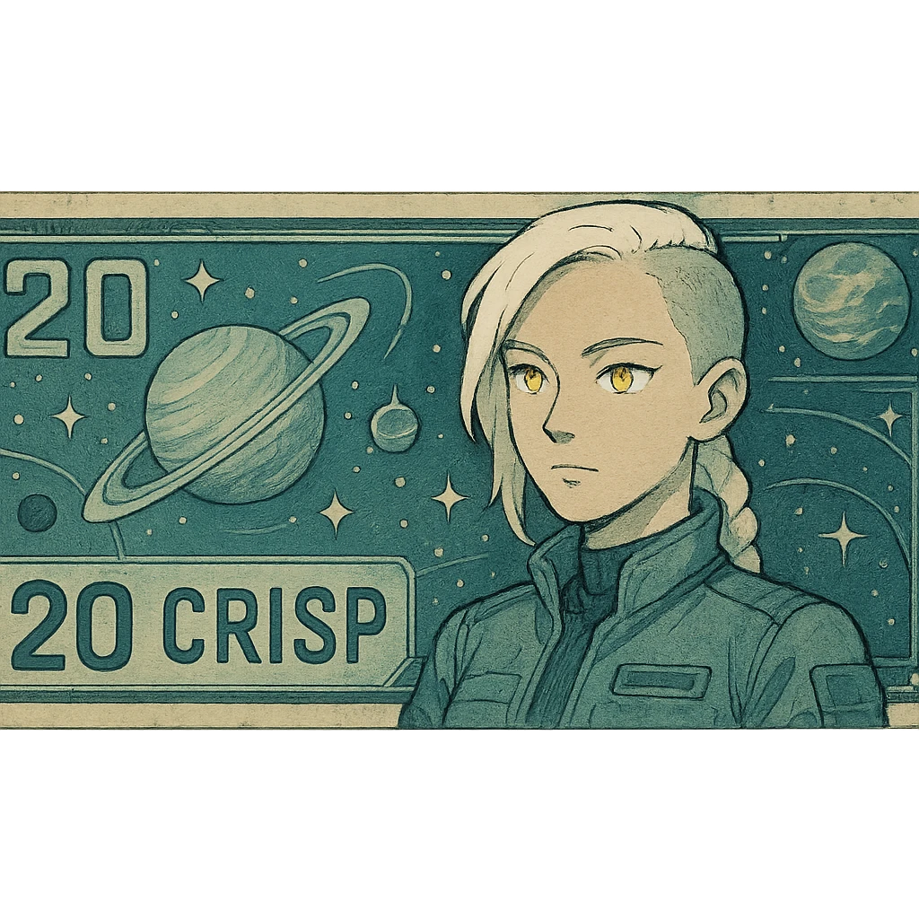 a banknote bill. full frame close up of a "20 crisp" banknote. futuristic, cyberpunk. stellar and planetary style designs adorn the bill. the face pictures is a woman in her 20's, gold yellow eyes, white hair in a single long braid, side of head shaved. she wears a military flight bdu. the final design shape is a 2:1 rectangle emoji