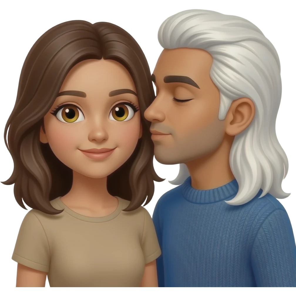 Brown Pakistani boy with no facial hair, long white shoulder-length hair, wearing a blue sweater, kissing an tan-toned young woman with almond shaped hazel eyes and shoulder-length brown hair emoji