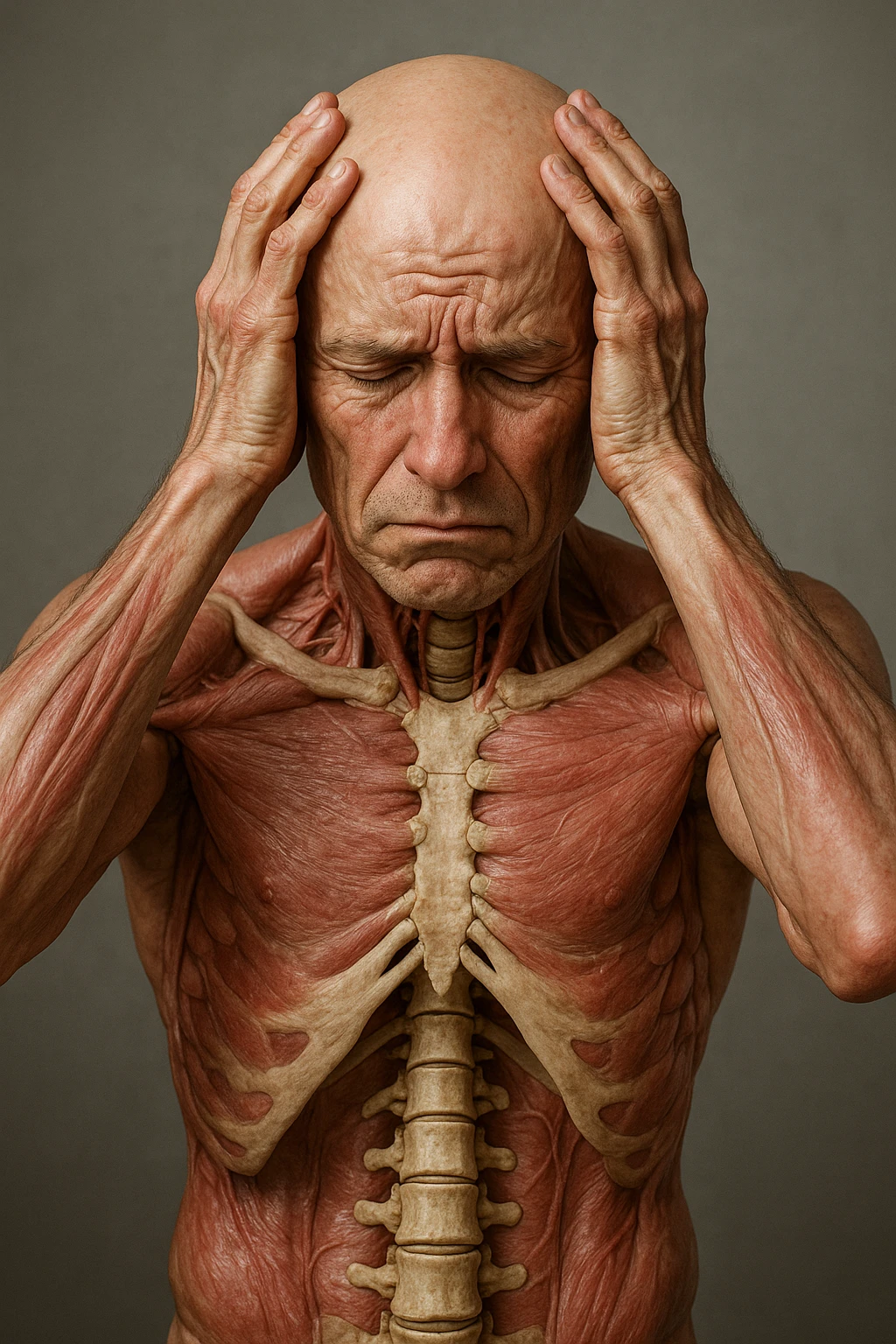 CORPO UMANO ANATOMICO con spina dorsale in evidenza, molto stanca e stressata mentre si tiene le mani sulla testa, IPERREALISTICO 4K emoji