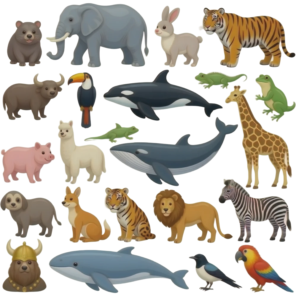 Quail Wombat Elephant Rabbit Tiger Yak Umbrella-bird Iguana Orca Pig Alpaca Sloth Dog Frog Giraffe Humpback whale Jaguar Kangaroo Lion Zebra foX Cockatoo Viking Beluga whale Nightingale Magpie emoji