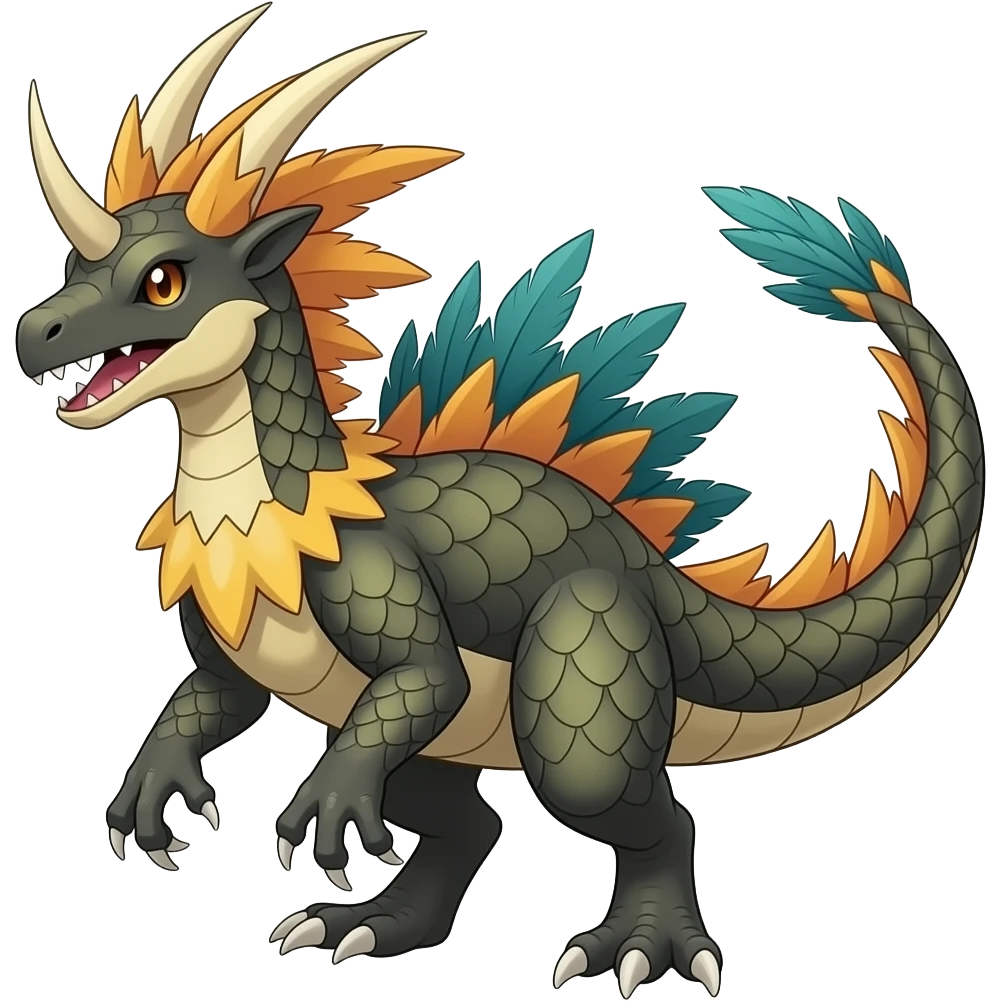 Raptorik scaley feathery horned Amaura-Aurorus-Heliolisk-ExVeemon-WereGarurumon-Pokémon-Fakémon-hybrid-fusion-creature, full body emoji