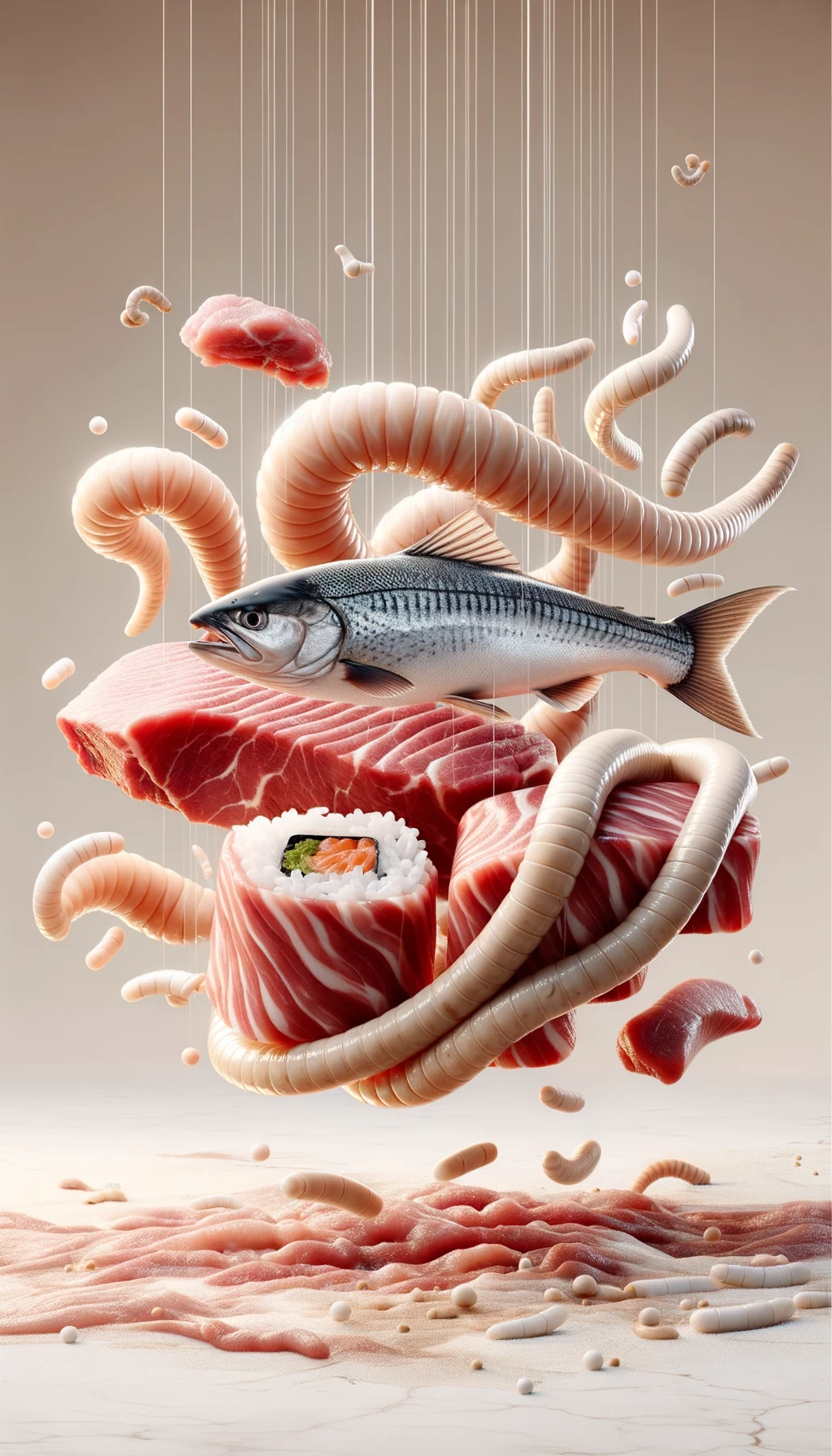 carne cruda fluttua insieme a pesce crudo (tipo sushi), intorno a loro fluttuano vermi lunghi e beige chiaro, sfondo neutro chiaro, iperrealistico 4k emoji