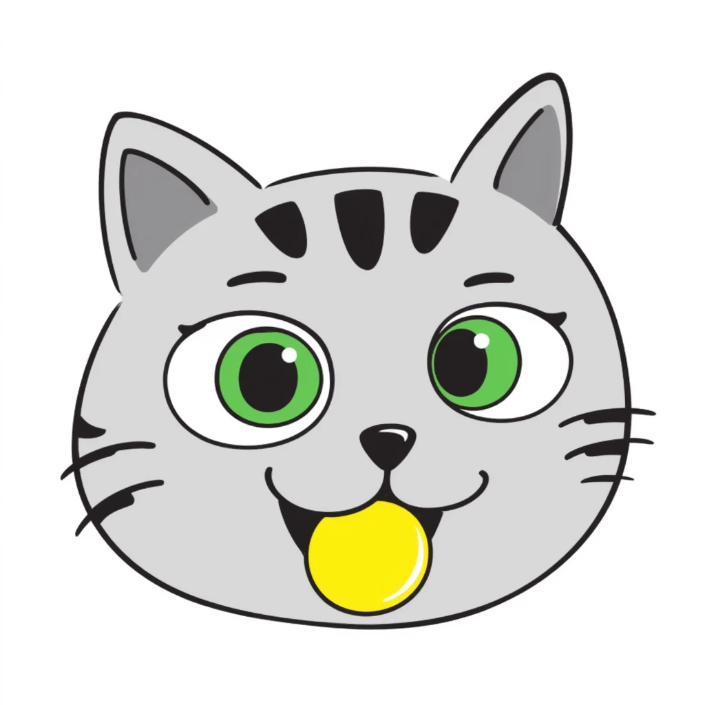 gray cat head with black stripes, large green eyes, big black pupils, mouth open, small solid yellow ball in mouth emoji