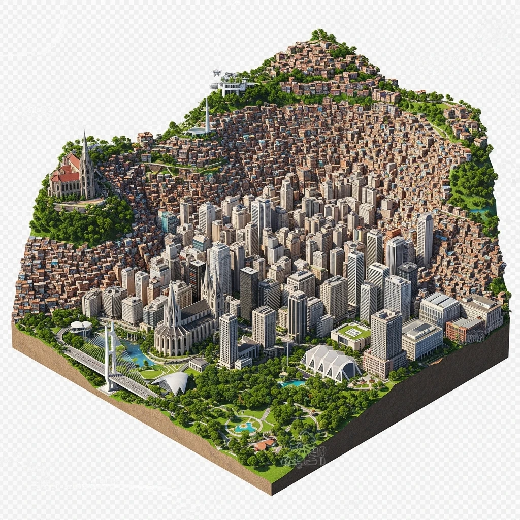Isometric miniature of São Paulo Catedral da Sé, MASP, Octávio Frias Bridge, and Altino Arantes building, favelas on hillsides, dense chaotic urban blocks, and green parks 3D miniature effect and Tilt Shift effect, no cartoonish look, transparent background. emoji