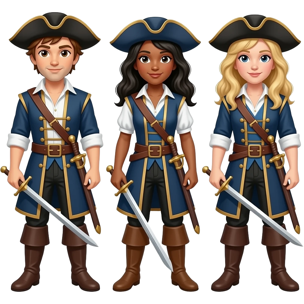 Three musketeers with swords and hats. One guy with brown hair and brown eyes, one girl with black hair and tanned skin and one girl with blond hair. You have to see them in their entirety with same outfits as in this photo. emoji