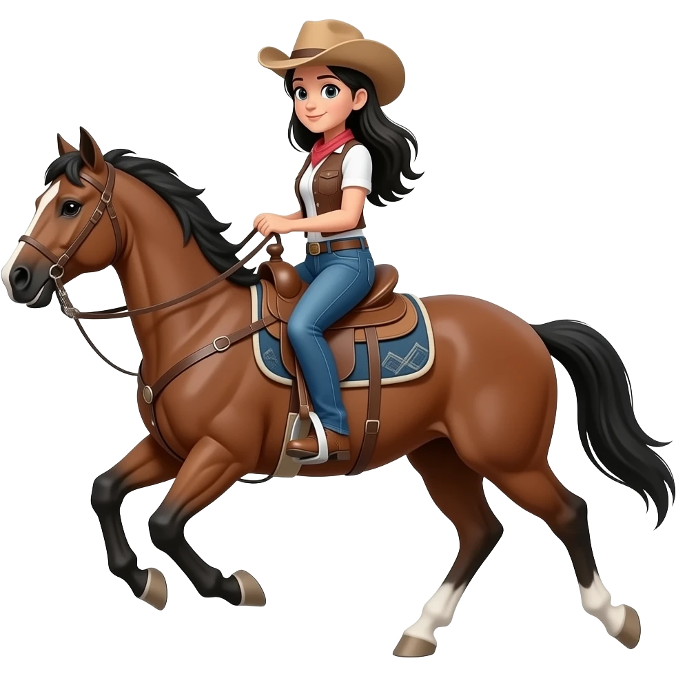 Black haired cowgirl galloping on a horse emoji