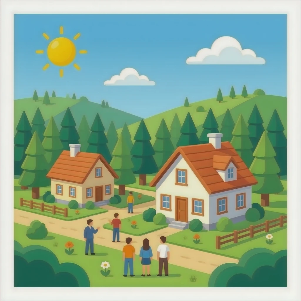 un publo con un bosque y casa de epoca 2026 con personas que sea realista emoji