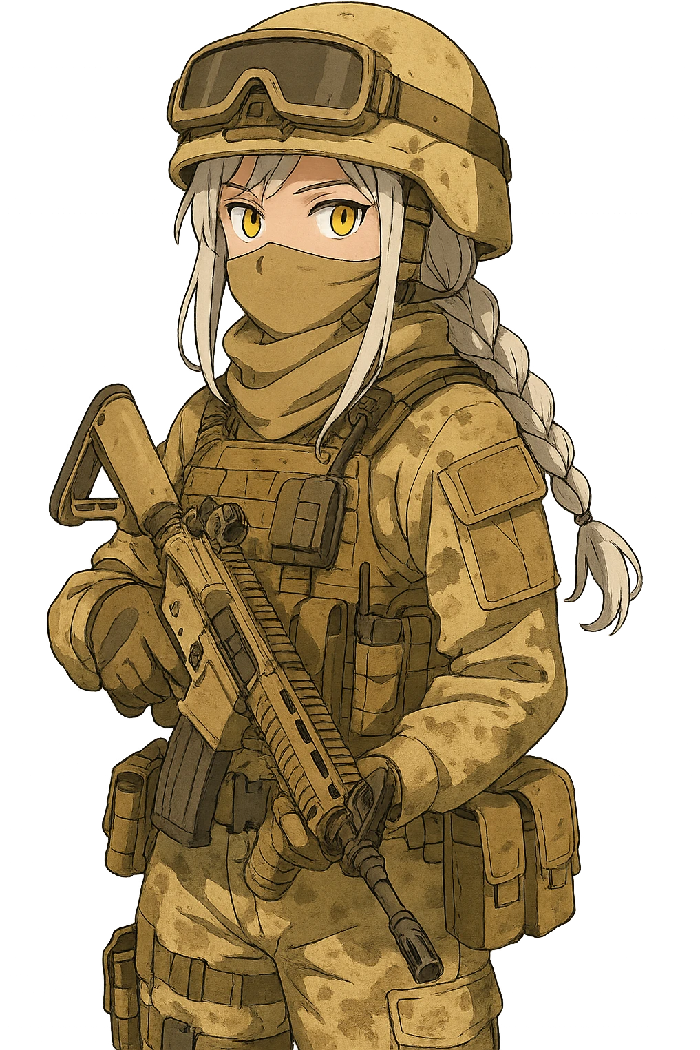 1 female, gold yellow eyes, long white hair, braid, sandstorm soldier, pmc emoji