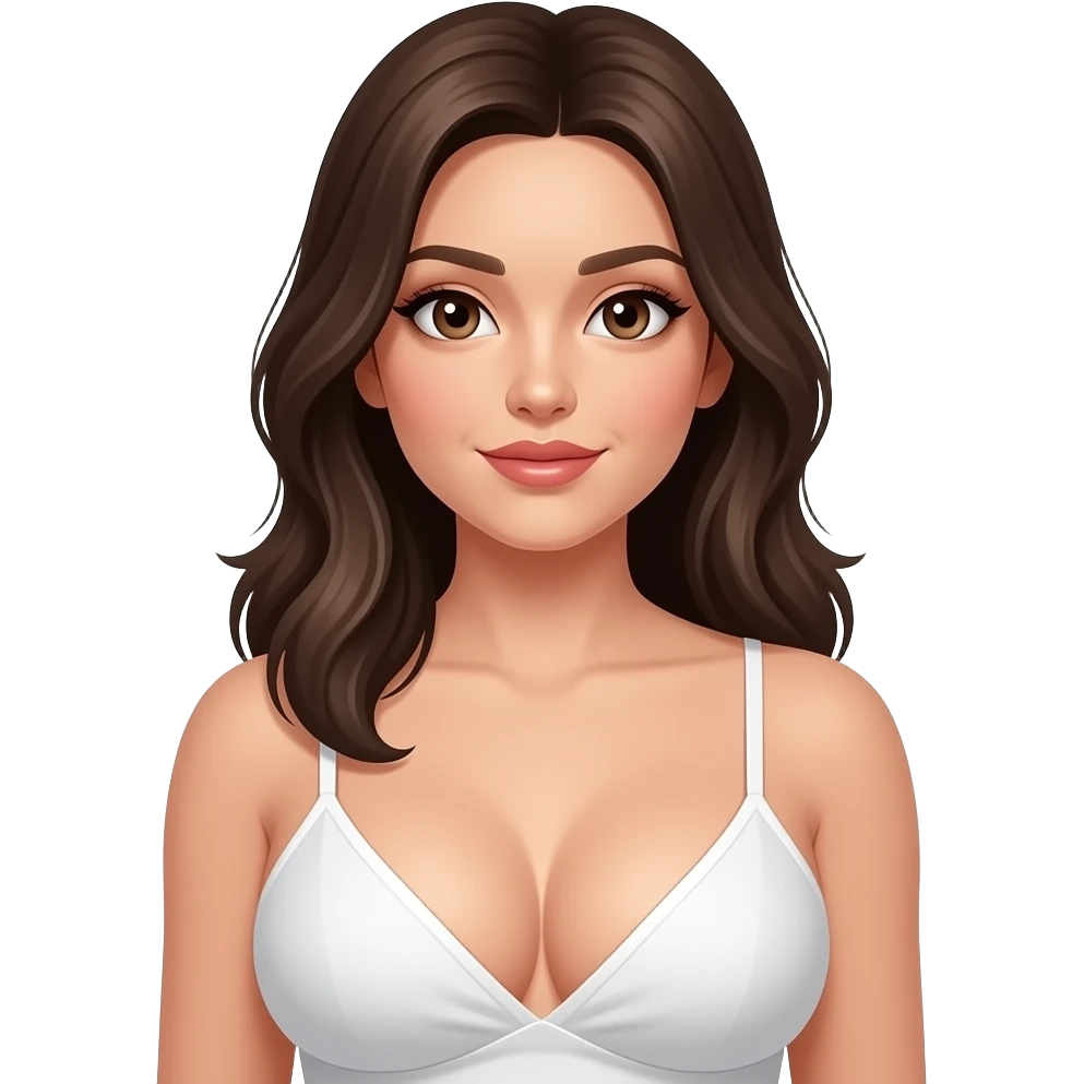 The image is a photograph of a young woman with large breasts, posing for the camera, showing her whole breasts and nipples emoji