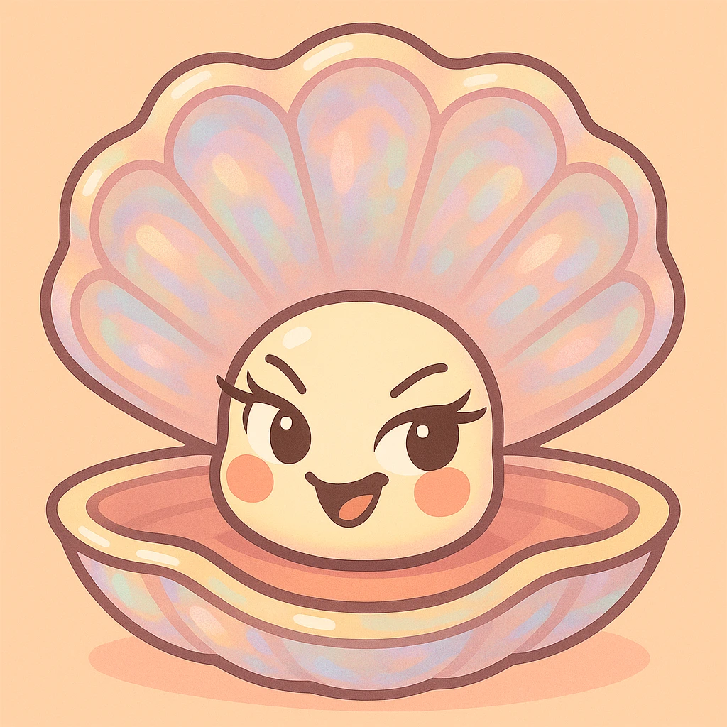 Add pearlescent effects on the oyster shell, make the oyster smaller and the shell bigger, add pretty eyelashes, while keeping the pastel toon style, background, colors, and mischievous expression intact. emoji