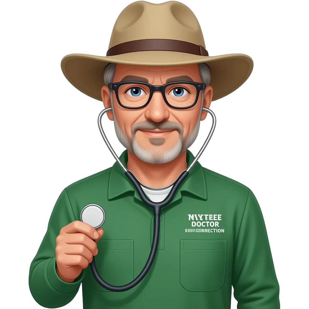 middle-aged man blue eyes. Dark rectangle glasses, in a green-collared, long-sleeve shirt.  Flatter wider-brim Australian Akubru hat. Holding a stethoscope. Insert 'THE GREEN CONNECTION' in white directly onto the left pocket & onto the right pocket, place only the words 'MY TREE DOCTOR' emoji