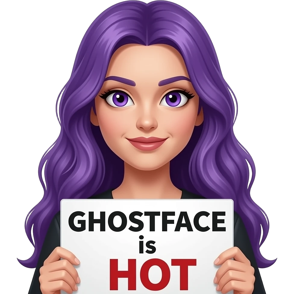sexy girl with long purple hair and purple eyes holding a GHOSTFACE is HOT sign emoji