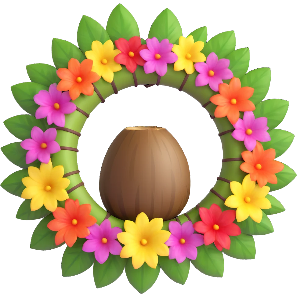 3D emoji style coconut with a flower lei, tropical and festive emoji