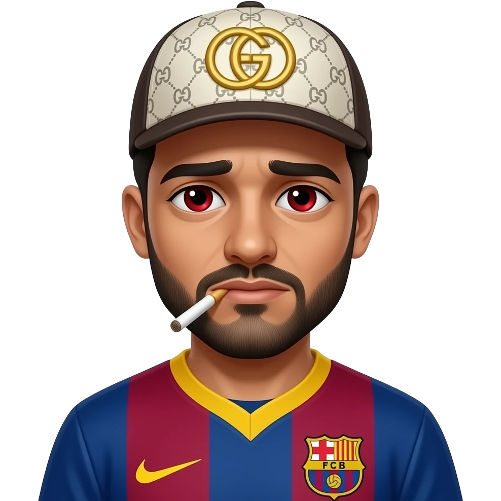 Arabe, avec joint de shit dans la bouche, et les yeux rouge fatigués, veste Barca, casquette Gucci emoji