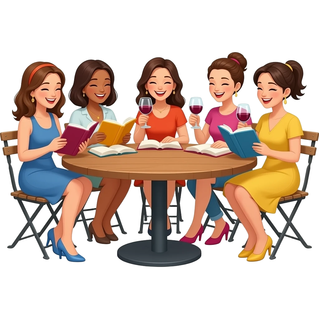 5 ladies silly book club having fun drinking wine italian emoji