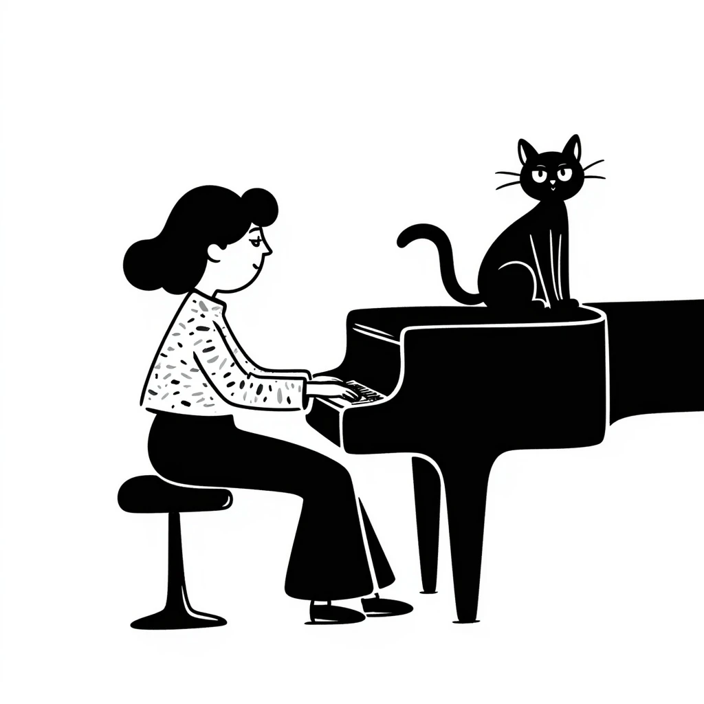 woman playing piano while her cat sits on top of the piano emoji