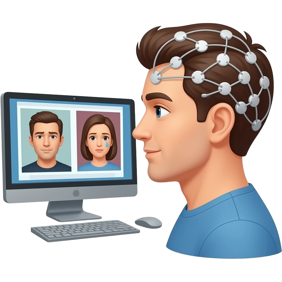 Kopf mit EEG schaut auf Bildschirm (Seitenperspektive) mit neutralem und emotionalem Bildern Psychologie emoji