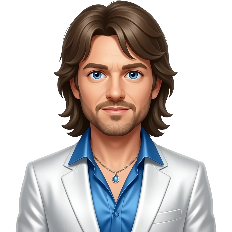 Benny Andersson from ABBA with blue eyes, long dark blonde hair and short beard, blue metallic open shirt, white metallic suit jacket, necklace emoji