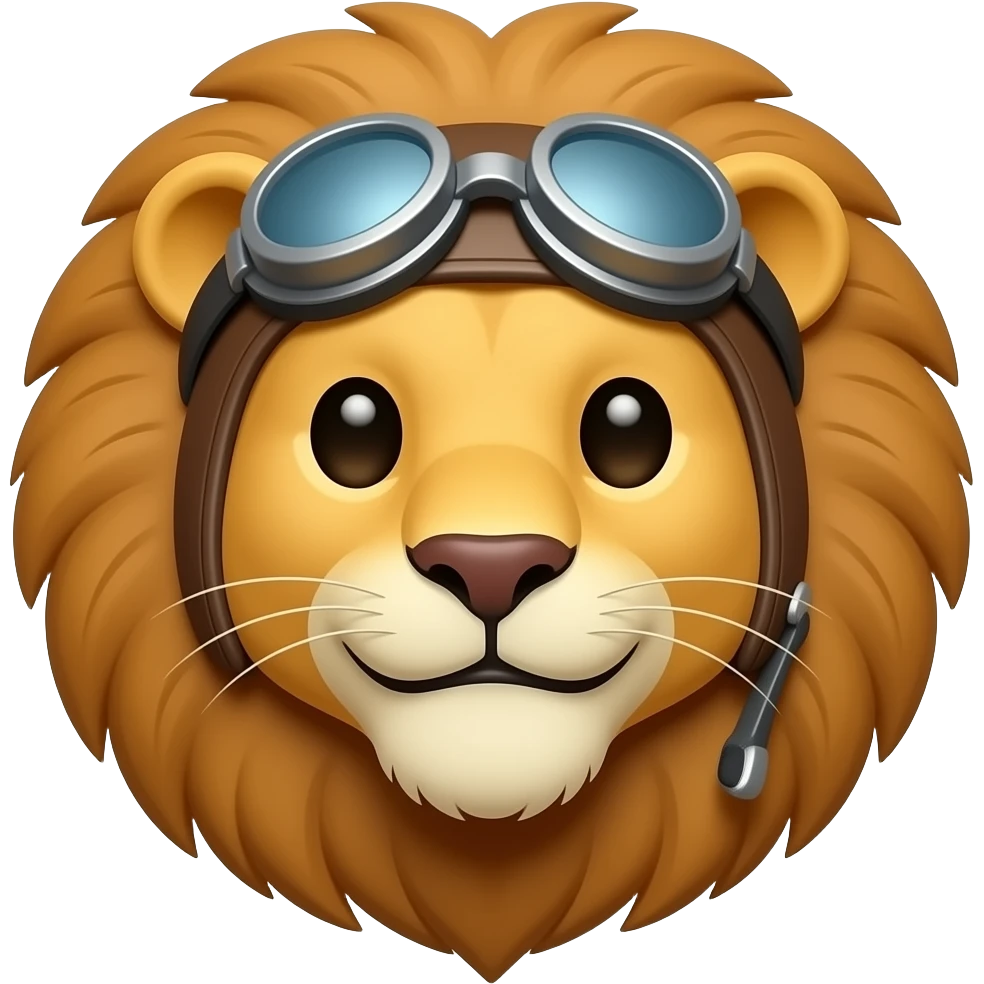 Lion wearing open cockpit glasses smiling headshot emoji