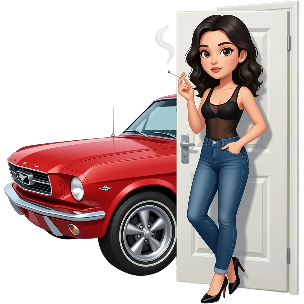 Pale girl with black wavy hair and brown eyes backed against the door of a red ford mustang 1968 coupe. Girl wearing a sheer black sleeveless top, low rounded neckline, jeans and heels with visible toes. smoking cigarette. emoji
