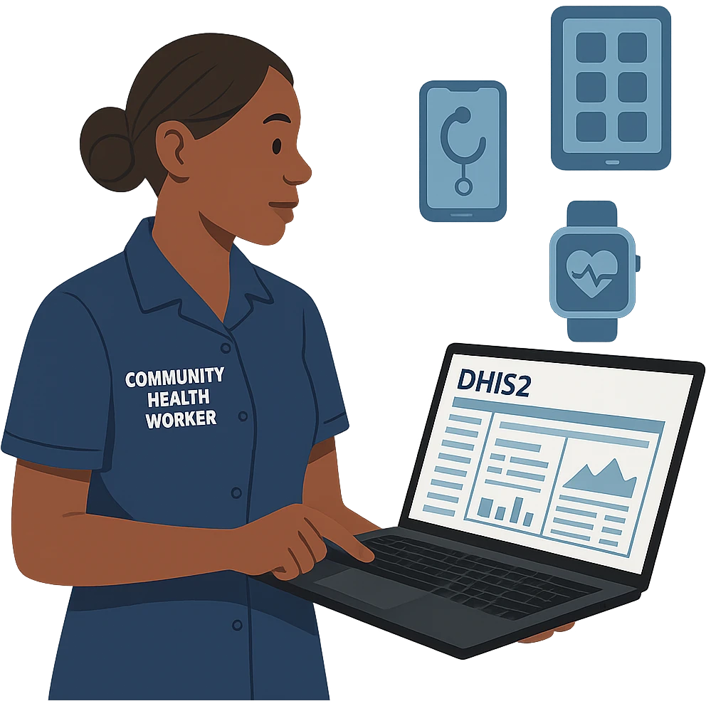 community health worker in uniform, interacting with DHIS2 software, digital health tools emoji