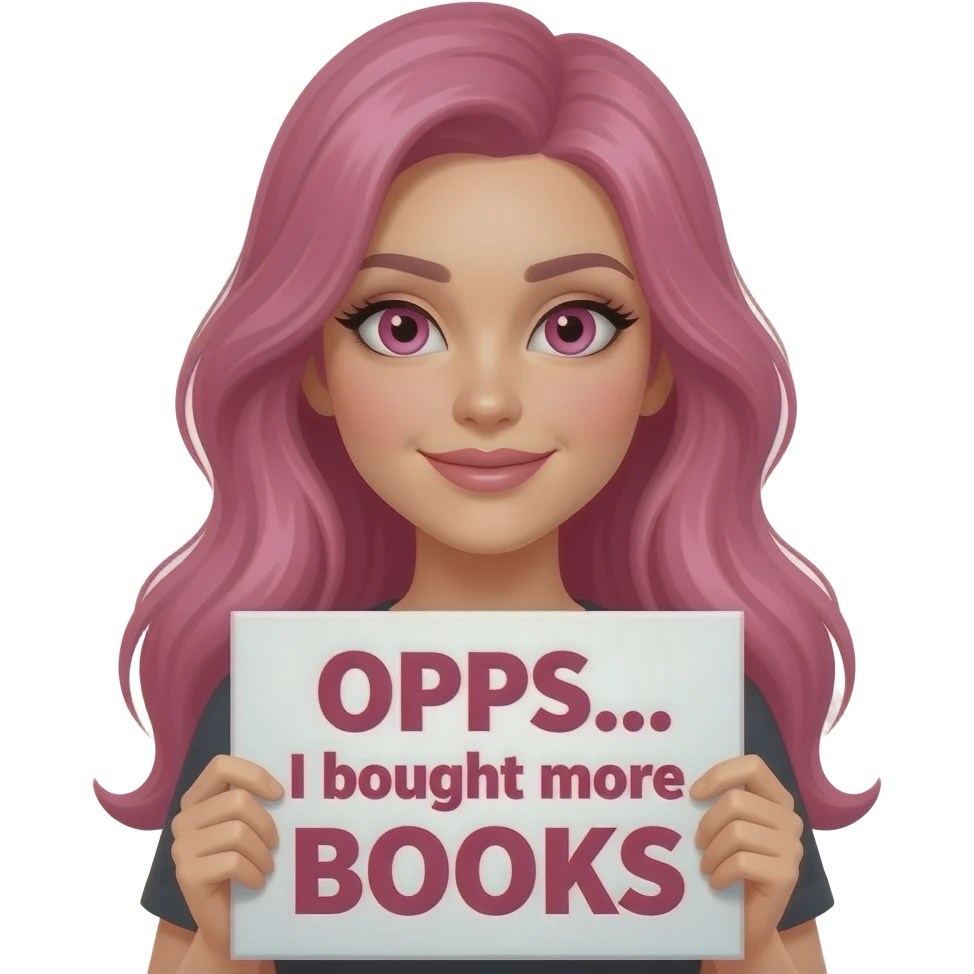 sexy girl with long pink hair and pink eyes holding a OOPS... I bought more BOOKS sign emoji