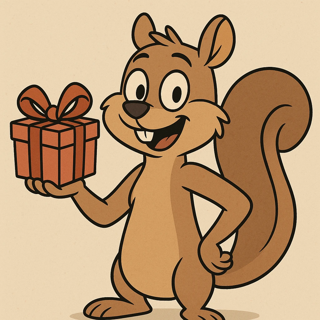 cartoon style squirrel holding a present with one hand, fun and friendly emoji