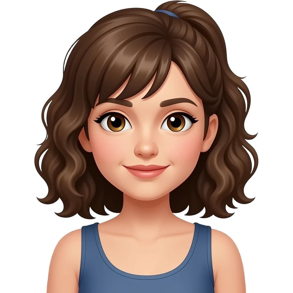 Waiting on a bench is a Female brown curly should length hair pulled halfway back with bangs swooped to one side emoji