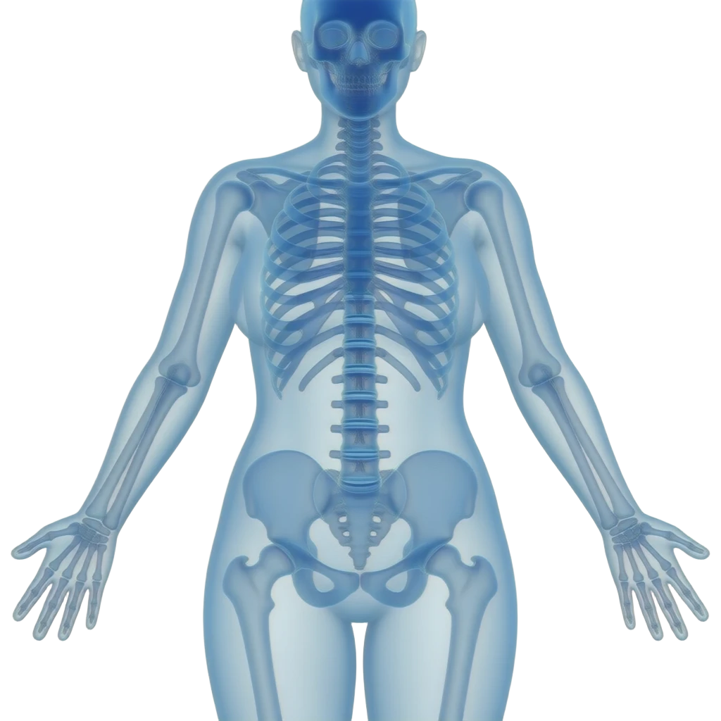 Full-body X-ray of an adult female. Please express it in blue with adjusted transparency. emoji