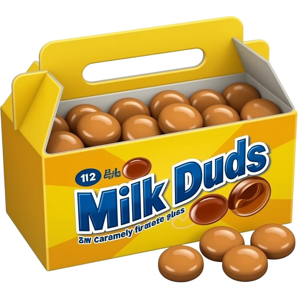 Rectangular yellow cardboard box with round Carmel candies depicted and says Milk Duds on the front emoji