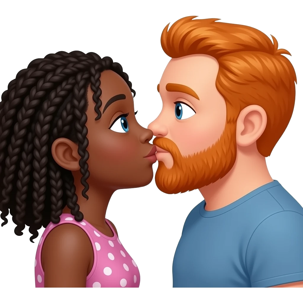 Black girl and orange  chubby head guy with beard kissing emoji