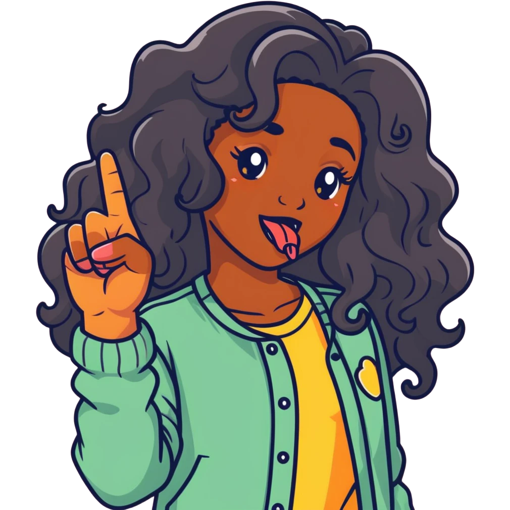 A girl with dark skin and long curly hair having her tongue out pointing the middle finger emoji