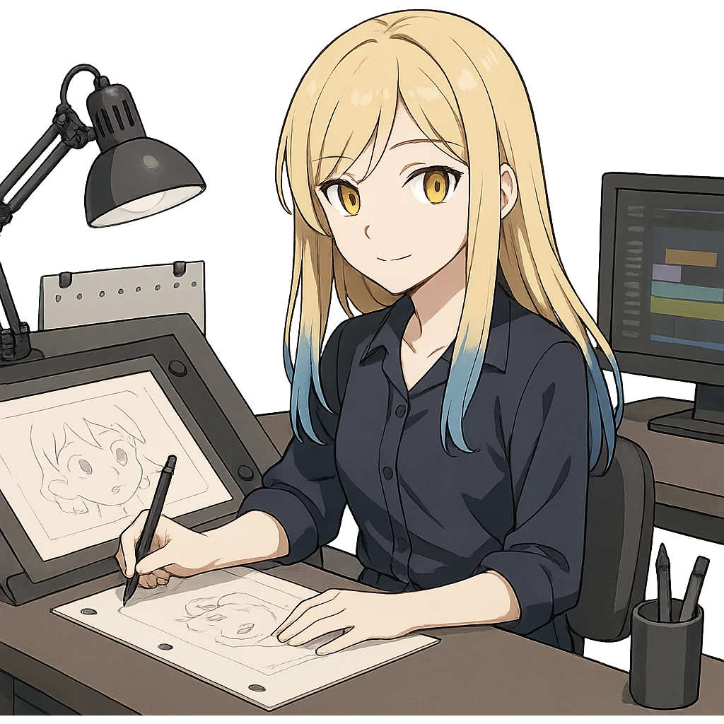 a girl animator, medium long blond hair with blue-dyed ends, yellow eyes, dark blue attire, sitting at a desk with animation equipment emoji