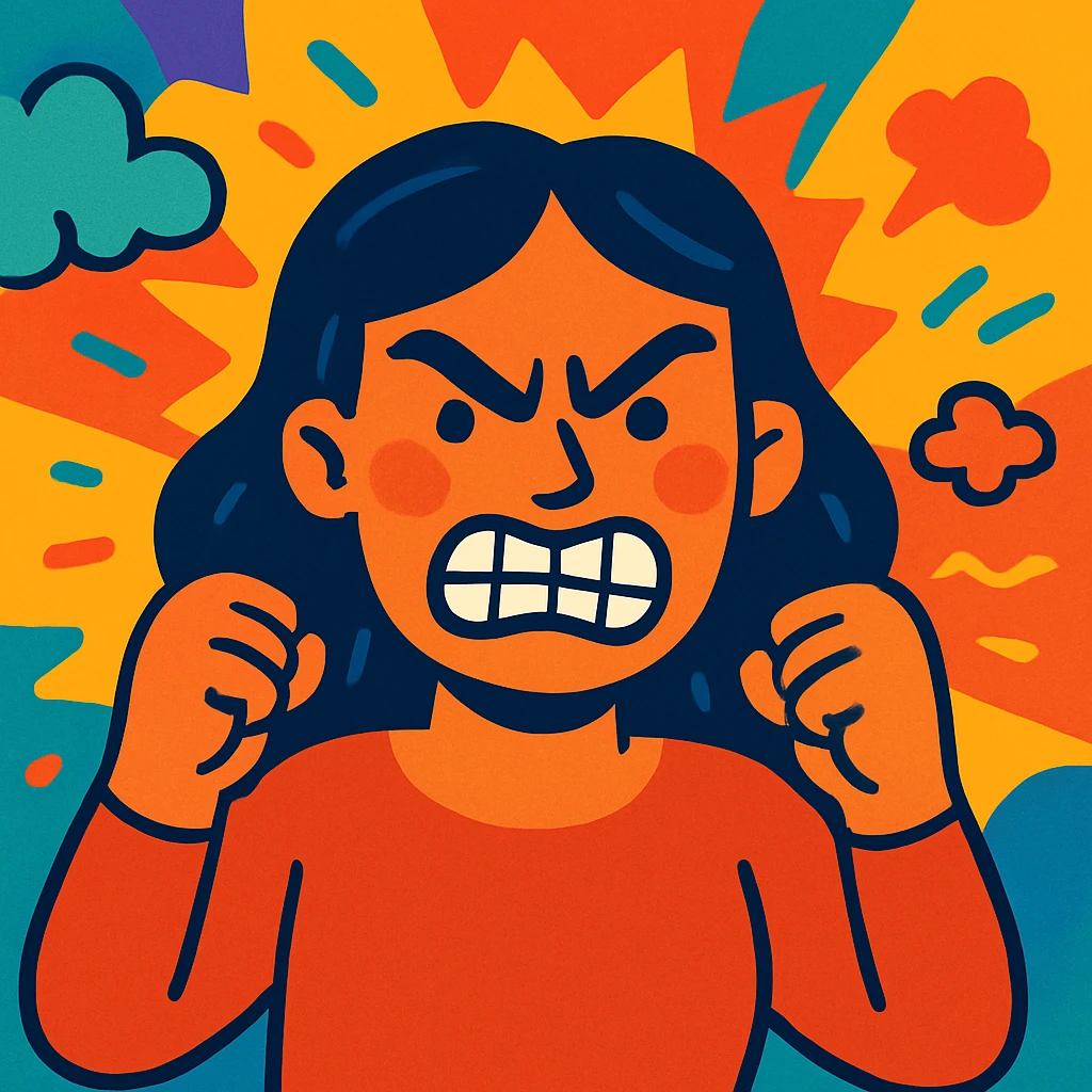 woman making a grr expression, scrunched face, teeth showing, angry expression, vibrant illustration style emoji