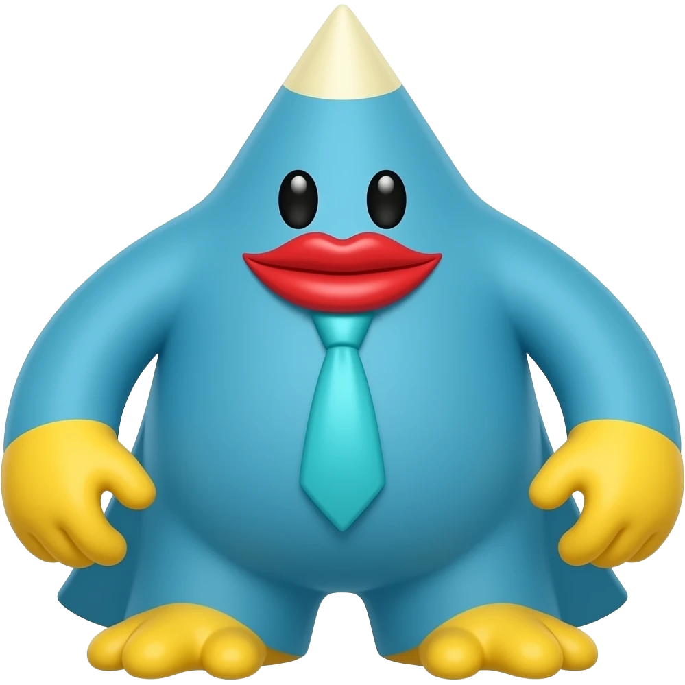 A blue monster with a triangle head yellow hand and feet with a cyan boy tie on his chest and red lips emoji